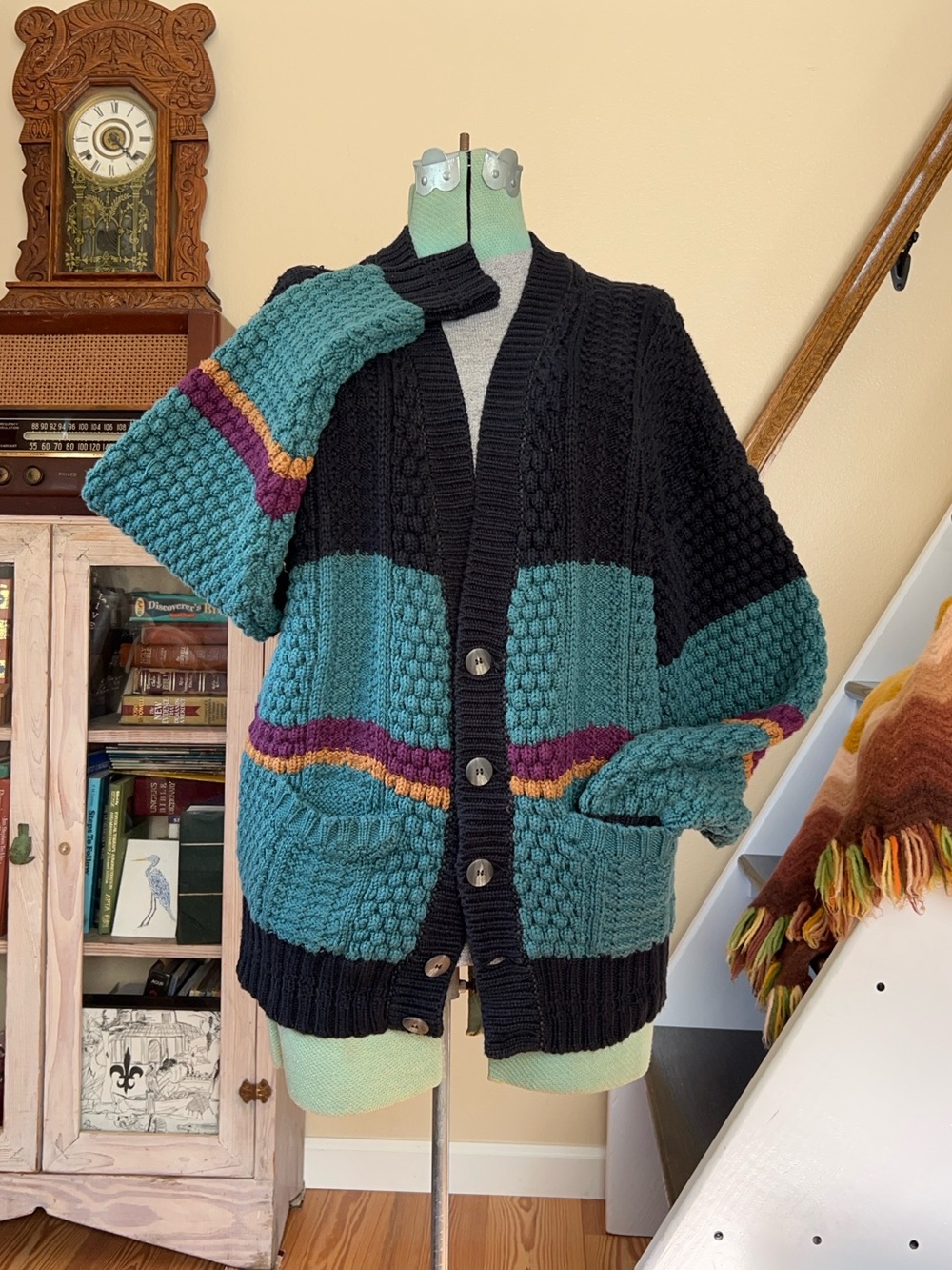 Vintage 90s Irish Hand Loomed Chunky Knit Cotton Cardigan Teal Stripe Sweater L